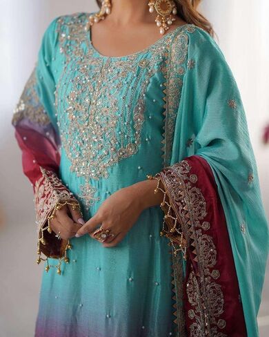 Women's Chinon Silk Sequence With Rivet Moti Work Straight Kurta With Sharara and Dupatta Set in Saudi Arabia