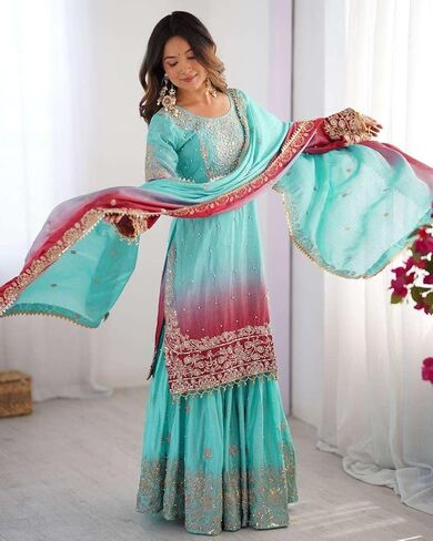 Women's Chinon Silk Sequence With Rivet Moti Work Straight Kurta With Sharara and Dupatta Set in Saudi Arabia