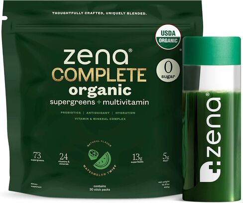 Zena Complete Organic Super Greens Powder & Multivitamin ، 90+ Supergreens ، الفواكه ، الخضار ، قبل وبروبيوتيك ، نكهة الحمضيات البطيخ ، 30 حزمة + زجاجة ماء in Saudi Arabia
