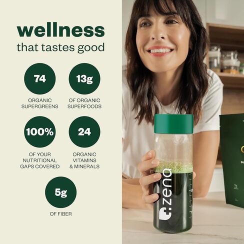 Zena Complete Organic Super Greens Powder & Multivitamin ، 90+ Supergreens ، الفواكه ، الخضار ، قبل وبروبيوتيك ، نكهة الحمضيات البطيخ ، 30 حزمة + زجاجة ماء in Saudi Arabia