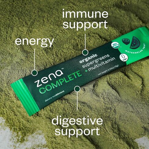 Zena Complete Organic Super Greens Powder & Multivitamin ، 90+ Supergreens ، الفواكه ، الخضار ، قبل وبروبيوتيك ، نكهة الحمضيات البطيخ ، 30 حزمة + زجاجة ماء in Saudi Arabia