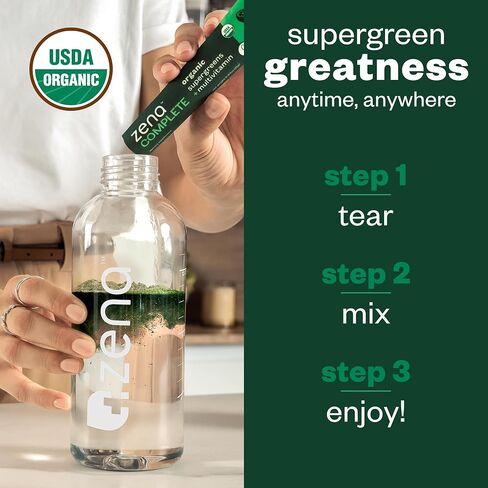 Zena Complete Organic Super Greens Powder & Multivitamin ، 90+ Supergreens ، الفواكه ، الخضار ، قبل وبروبيوتيك ، نكهة الحمضيات البطيخ ، 30 حزمة + زجاجة ماء in Saudi Arabia