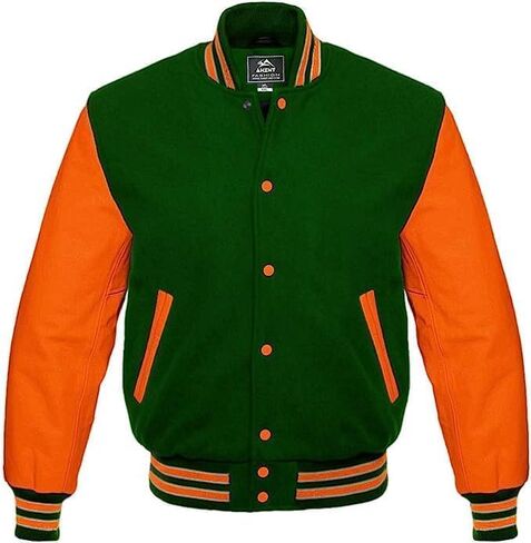 Mount Helicon Mens Green Genuine Wool blend and Leather Sleeves Light Weight Varsity Jacket Letterman Rib Knitting Bomber in Saudi Arabia