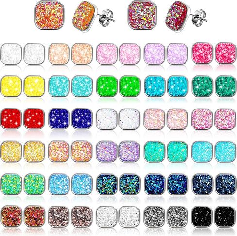 Hicarer 32 Pairs Square Druzy Stud أقراط البوهيمية مربع مسمار الفولاذ المقاوم للصدأ من الفولاذ المقاوم للصدأ مثقوبته للنساء هدية عيد الأم هدية in Saudi Arabia