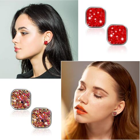 Hicarer 32 Pairs Square Druzy Stud أقراط البوهيمية مربع مسمار الفولاذ المقاوم للصدأ من الفولاذ المقاوم للصدأ مثقوبته للنساء هدية عيد الأم هدية in Saudi Arabia