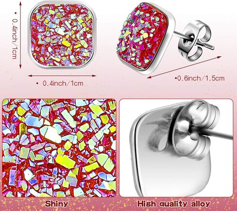 Hicarer 32 Pairs Square Druzy Stud أقراط البوهيمية مربع مسمار الفولاذ المقاوم للصدأ من الفولاذ المقاوم للصدأ مثقوبته للنساء هدية عيد الأم هدية in Saudi Arabia