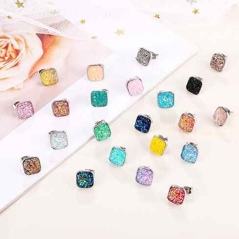 Hicarer 32 Pairs Square Druzy Stud أقراط البوهيمية مربع مسمار الفولاذ المقاوم للصدأ من الفولاذ المقاوم للصدأ مثقوبته للنساء هدية عيد الأم هدية in Saudi Arabia