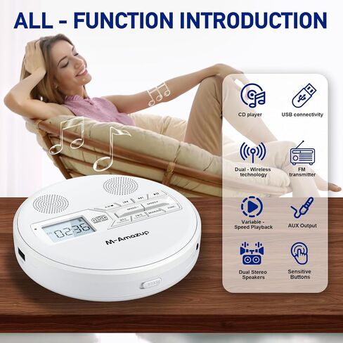 CD Player Portable, Rechargeable Portable CD Player with Dual Speakers and Anti Skip,CD,Dual Bluetooth,FM Transmission,USB,AUX,LCD Display,Backlit Button,Repeat,10 Speeds for Home Car Black in Kuwait