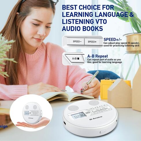 CD Player Portable, Rechargeable Portable CD Player with Dual Speakers and Anti Skip,CD,Dual Bluetooth,FM Transmission,USB,AUX,LCD Display,Backlit Button,Repeat,10 Speeds for Home Car Black in Kuwait