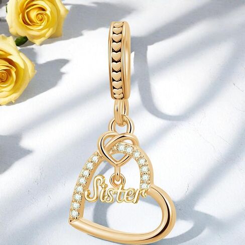 Heart Sister Dangle Charm Cubic Zirconia Bead Compatible with Pandora Bracelet Women in Saudi Arabia