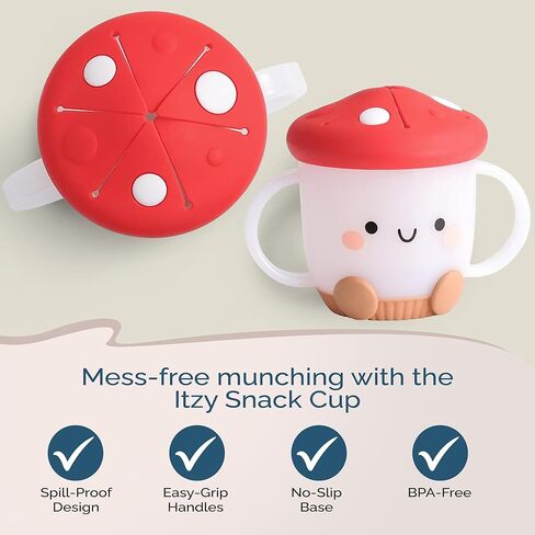 Itzy Ritzy Toddler Snack Cup - Spill-Proof Snack Cup for Toddlers with Soft Silicone Lid for Easy Food Access - Easy-To-Hold Kids Snack Container With Handles - Ideal for 12 months & Up (Strawberry) in Kuwait