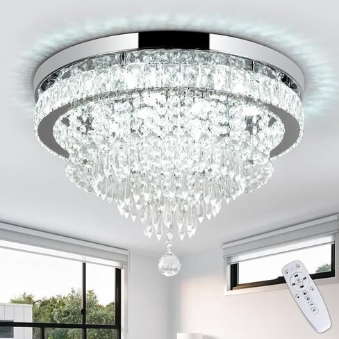 Crystal Chandelier 19.7 Inch LED Crystal Ceiling Light 5 Tier Modern Flush Mount Chandeliers for Living Room Dining Room Bedroom(Round,Chrome,6500K) in Kuwait