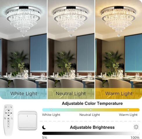 Crystal Chandelier 19.7 Inch LED Crystal Ceiling Light 5 Tier Modern Flush Mount Chandeliers for Living Room Dining Room Bedroom(Round,Chrome,6500K) in Kuwait