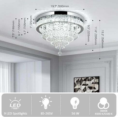 Crystal Chandelier 19.7 Inch LED Crystal Ceiling Light 5 Tier Modern Flush Mount Chandeliers for Living Room Dining Room Bedroom(Round,Chrome,6500K) in Kuwait