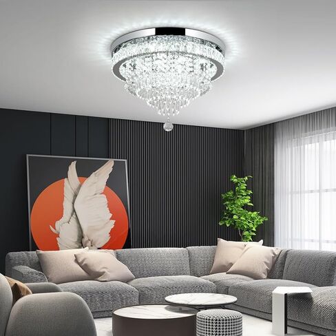 Crystal Chandelier 19.7 Inch LED Crystal Ceiling Light 5 Tier Modern Flush Mount Chandeliers for Living Room Dining Room Bedroom(Round,Chrome,6500K) in Kuwait