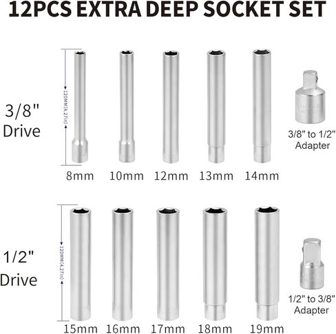 12pcs مجموعة المقبس العميق الإضافية 6 نقاط 3/8 "و 1/2" مقبس طويل إضافي 8 مم 10 مم 12 مم 13 ملم 15 مم 16 مم 17 مم 18 مم 19 ملم in Kuwait