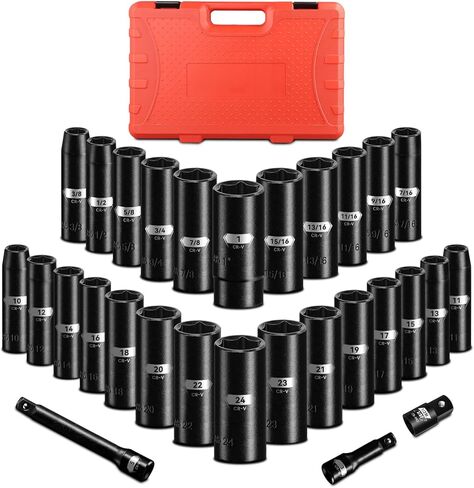 1/2 "محرك أقراص Deep Impact Socket ، 29 قطعة قياسية 6 نقاط SAE (3/8" - 1 ") والمقياس (10 مم - 24 مم) ، الصلب الفاناديوم Chrome ، مع قضبان تمديد التأثير ومحول المقبس in Kuwait
