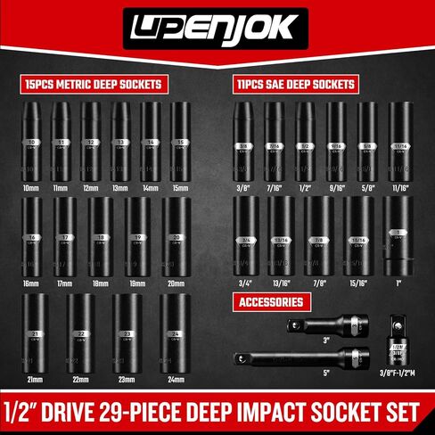 1/2 "محرك أقراص Deep Impact Socket ، 29 قطعة قياسية 6 نقاط SAE (3/8" - 1 ") والمقياس (10 مم - 24 مم) ، الصلب الفاناديوم Chrome ، مع قضبان تمديد التأثير ومحول المقبس in Kuwait