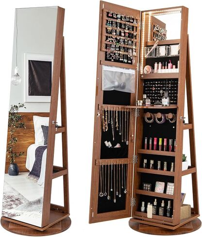 COSTWAY 360° Rotating Mirror Jewelry Armoire, Freestanding Jewelry Organizer w/ 3-Color LED Lights, Full-length Mirror w/Jewelry Storage, Lockable Jewelry Cabinet for Bedroom, Cloakroom (Walnut) in Saudi Arabia