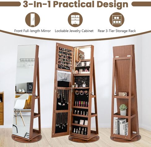 COSTWAY 360° Rotating Mirror Jewelry Armoire, Freestanding Jewelry Organizer w/ 3-Color LED Lights, Full-length Mirror w/Jewelry Storage, Lockable Jewelry Cabinet for Bedroom, Cloakroom (Walnut) in Saudi Arabia