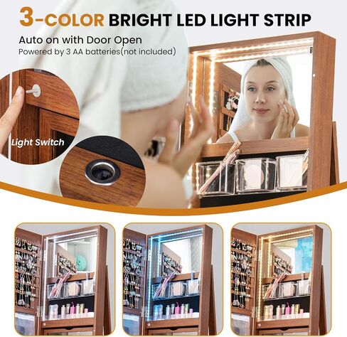 COSTWAY 360° Rotating Mirror Jewelry Armoire, Freestanding Jewelry Organizer w/ 3-Color LED Lights, Full-length Mirror w/Jewelry Storage, Lockable Jewelry Cabinet for Bedroom, Cloakroom (Walnut) in Saudi Arabia