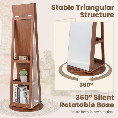 COSTWAY 360° Rotating Mirror Jewelry Armoire, Freestanding Jewelry Organizer w/ 3-Color LED Lights, Full-length Mirror w/Jewelry Storage, Lockable Jewelry Cabinet for Bedroom, Cloakroom (Walnut) in Saudi Arabia