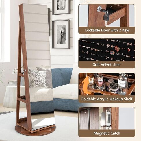 COSTWAY 360° Rotating Mirror Jewelry Armoire, Freestanding Jewelry Organizer w/ 3-Color LED Lights, Full-length Mirror w/Jewelry Storage, Lockable Jewelry Cabinet for Bedroom, Cloakroom (Walnut) in Saudi Arabia
