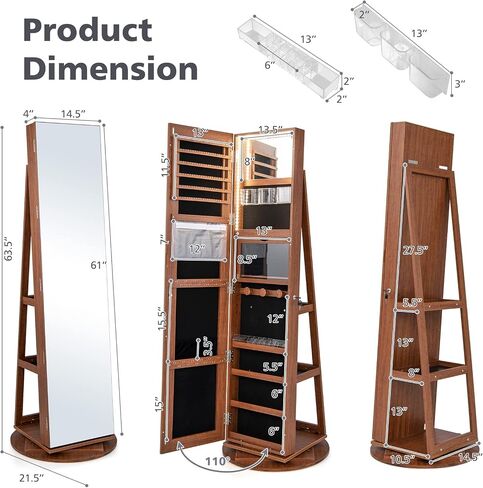 COSTWAY 360° Rotating Mirror Jewelry Armoire, Freestanding Jewelry Organizer w/ 3-Color LED Lights, Full-length Mirror w/Jewelry Storage, Lockable Jewelry Cabinet for Bedroom, Cloakroom (Walnut) in Saudi Arabia