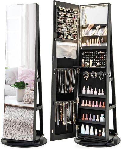 Costway 360 ° مجوهرات مرآة الدوران Armoire ، منظم المجوهرات القائمة بذاتها مع 3 ألوان مصابيح LED ، مرآة كاملة مع تخزين المجوهرات ، خزانة مجوهرات قابلة للقفل لغرفة النوم ، Cloakroom (Walnut) in Saudi Arabia