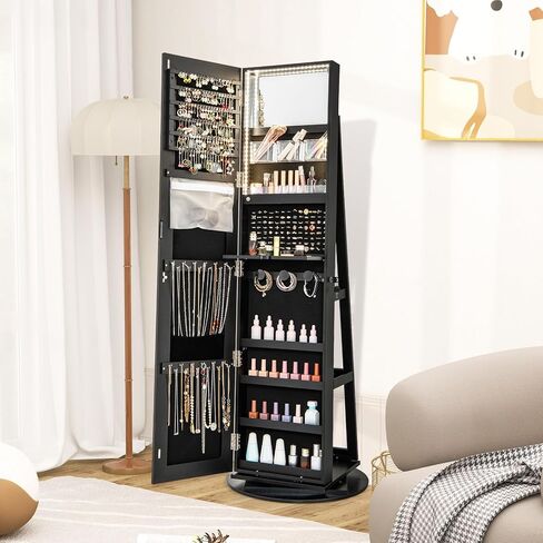 Costway 360 ° مجوهرات مرآة الدوران Armoire ، منظم المجوهرات القائمة بذاتها مع 3 ألوان مصابيح LED ، مرآة كاملة مع تخزين المجوهرات ، خزانة مجوهرات قابلة للقفل لغرفة النوم ، Cloakroom (Walnut) in Saudi Arabia