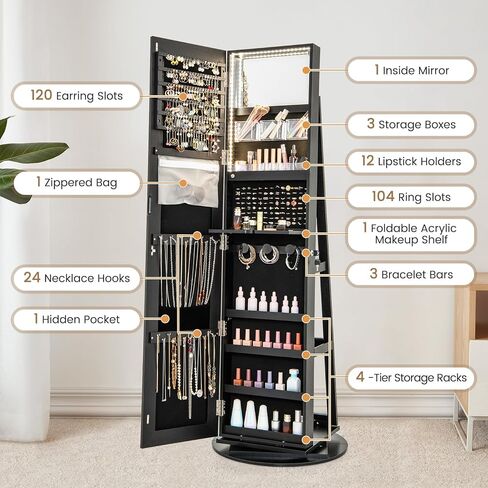Costway 360 ° مجوهرات مرآة الدوران Armoire ، منظم المجوهرات القائمة بذاتها مع 3 ألوان مصابيح LED ، مرآة كاملة مع تخزين المجوهرات ، خزانة مجوهرات قابلة للقفل لغرفة النوم ، Cloakroom (Walnut) in Saudi Arabia