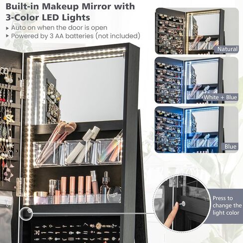 Costway 360 ° مجوهرات مرآة الدوران Armoire ، منظم المجوهرات القائمة بذاتها مع 3 ألوان مصابيح LED ، مرآة كاملة مع تخزين المجوهرات ، خزانة مجوهرات قابلة للقفل لغرفة النوم ، Cloakroom (Walnut) in Saudi Arabia