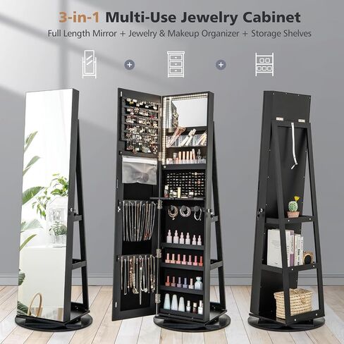 Costway 360 ° مجوهرات مرآة الدوران Armoire ، منظم المجوهرات القائمة بذاتها مع 3 ألوان مصابيح LED ، مرآة كاملة مع تخزين المجوهرات ، خزانة مجوهرات قابلة للقفل لغرفة النوم ، Cloakroom (Walnut) in Saudi Arabia