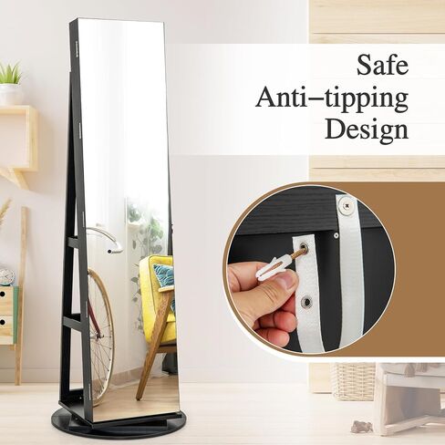 Costway 360 ° مجوهرات مرآة الدوران Armoire ، منظم المجوهرات القائمة بذاتها مع 3 ألوان مصابيح LED ، مرآة كاملة مع تخزين المجوهرات ، خزانة مجوهرات قابلة للقفل لغرفة النوم ، Cloakroom (Walnut) in Saudi Arabia