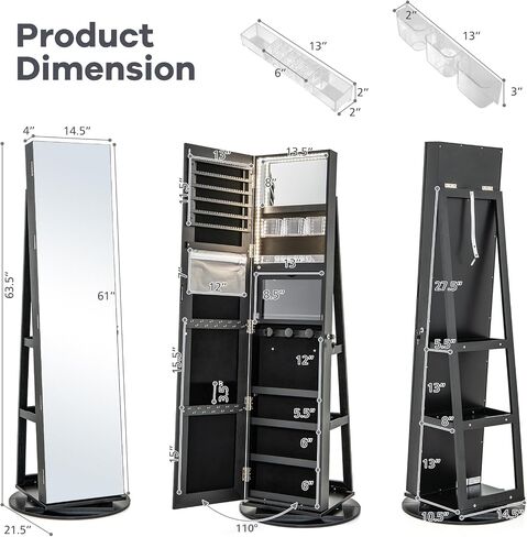 Costway 360 ° مجوهرات مرآة الدوران Armoire ، منظم المجوهرات القائمة بذاتها مع 3 ألوان مصابيح LED ، مرآة كاملة مع تخزين المجوهرات ، خزانة مجوهرات قابلة للقفل لغرفة النوم ، Cloakroom (Walnut) in Saudi Arabia