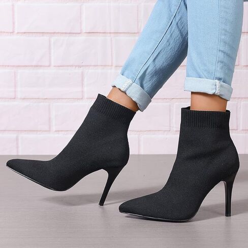 Ankle Boots for Women Stiletto Heels Pointed Toe Sock Booties Comfortable Dressy Stretchy Short Boot, US Size 6-12 in Kuwait