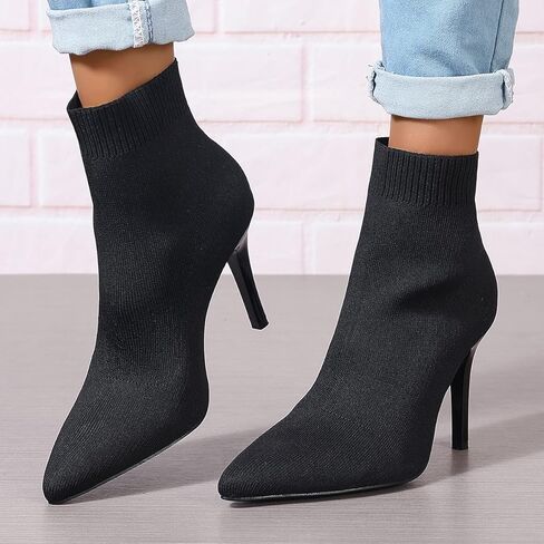 Ankle Boots for Women Stiletto Heels Pointed Toe Sock Booties Comfortable Dressy Stretchy Short Boot, US Size 6-12 in Kuwait