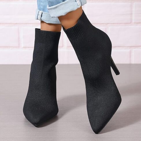 Ankle Boots for Women Stiletto Heels Pointed Toe Sock Booties Comfortable Dressy Stretchy Short Boot, US Size 6-12 in Kuwait