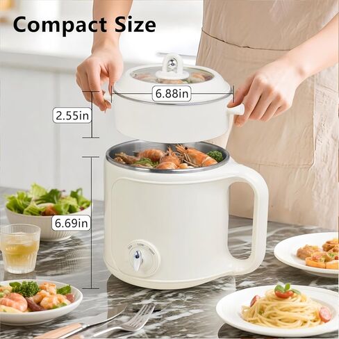 طباخ كهربائي، وعاء ساخن محمول سعة 1.8 لتر مع جهاز بخار، وعاء ساخن كهربائي من الفولاذ المقاوم للصدأ، طباخ كهربائي متعدد الوظائف للسفر، يمكنه طهي البيض والمعكرونة والحساء ودقيق الشوفان، وتحكم مزدوج في درجة الحرارة، مع حماية ضد الحروق الجافة، مناسب للمهاجع و in Kuwait