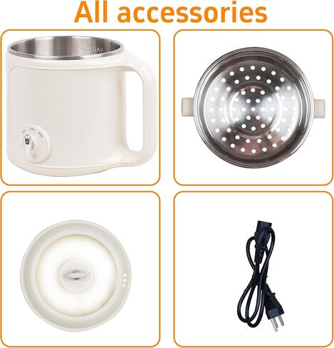 طباخ كهربائي، وعاء ساخن محمول سعة 1.8 لتر مع جهاز بخار، وعاء ساخن كهربائي من الفولاذ المقاوم للصدأ، طباخ كهربائي متعدد الوظائف للسفر، يمكنه طهي البيض والمعكرونة والحساء ودقيق الشوفان، وتحكم مزدوج في درجة الحرارة، مع حماية ضد الحروق الجافة، مناسب للمهاجع و in Kuwait