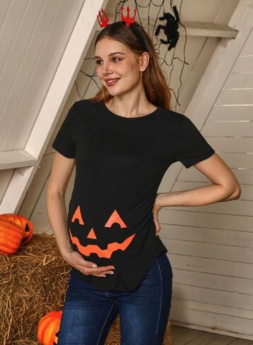 نساء هالوين قصير الأكمام الرسومية الحمل الأمومة قميص مضحك الوجه المنحوت in Kuwait