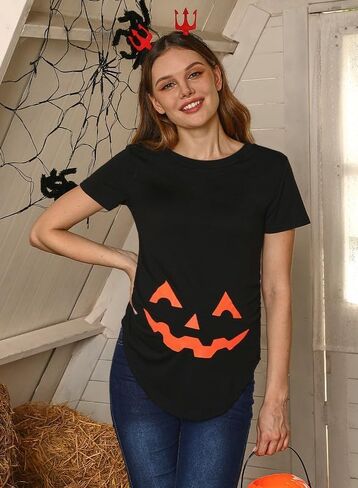 نساء هالوين قصير الأكمام الرسومية الحمل الأمومة قميص مضحك الوجه المنحوت in Kuwait