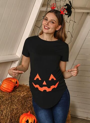 نساء هالوين قصير الأكمام الرسومية الحمل الأمومة قميص مضحك الوجه المنحوت in Kuwait