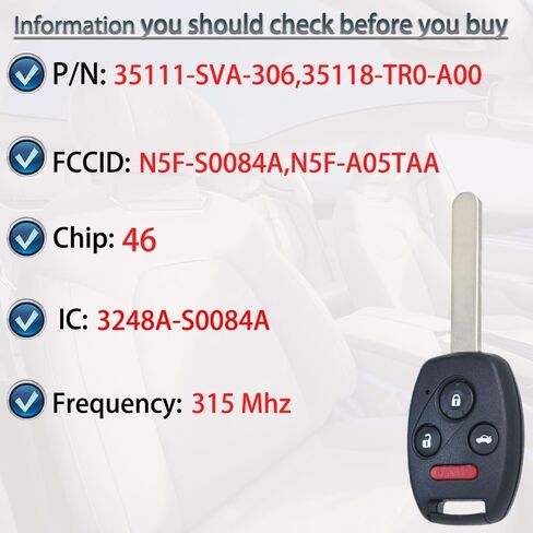 Key Fob Keyless Entry Fits for Honda Civic SI EX Hybrid 2006 2007 2008 2009 2010 2011 2012 2013 Remote Control Head Key Replacement (N5F-S0084A, 35111-SVA-306) 4 Buttons in Saudi Arabia