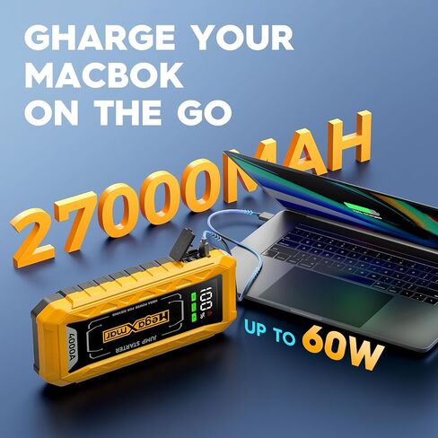 60w PD Battery Jump Starter 27000mAh 4000A, All Gas, 10L Diesel Engine, 12V car Battery Portable Jumper Box, Type C Booster Car Jumper Cable Pack in Saudi Arabia
