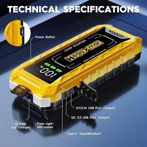 60w PD Battery Jump Starter 27000mAh 4000A, All Gas, 10L Diesel Engine, 12V car Battery Portable Jumper Box, Type C Booster Car Jumper Cable Pack in Saudi Arabia