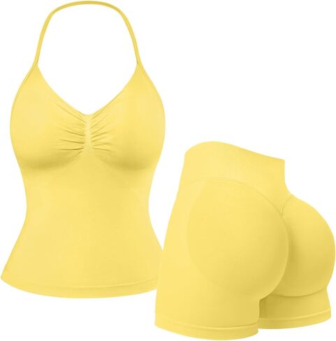 JGS1996 2 Piece Workout Sets for Women Halter Sports Bras Tank Top Scrunch Butt Biker Shorts Women Tummy Control Gym Sets in Saudi Arabia