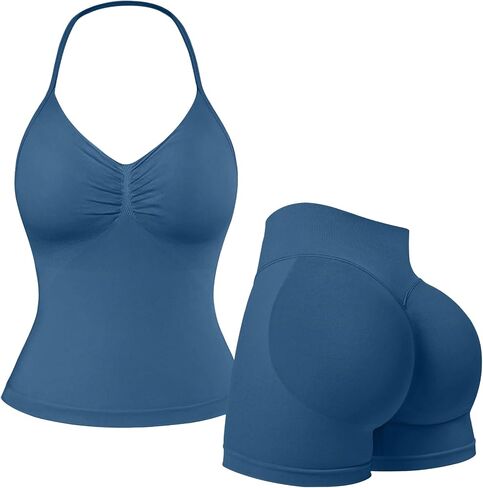 JGS1996 2 Piece Workout Sets for Women Halter Sports Bras Tank Top Scrunch Butt Biker Shorts Women Tummy Control Gym Sets in Saudi Arabia