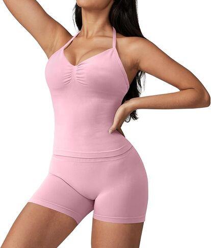 JGS1996 2 Piece Workout Sets for Women Halter Sports Bras Tank Top Scrunch Butt Biker Shorts Women Tummy Control Gym Sets in Saudi Arabia