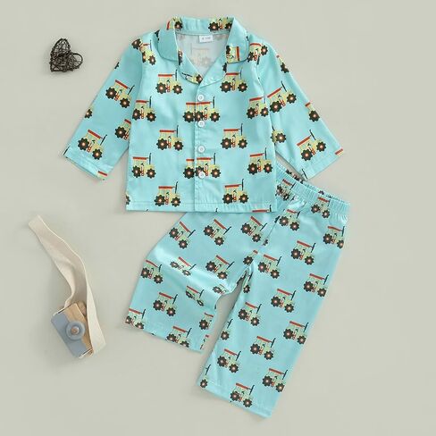 Biayxms Toddler Boy Silk Pajamas Set Button Down Dinasour Long Sleeve Shirts Tops and Pants Two Piece Satin Pj Lounge Sets in Kuwait